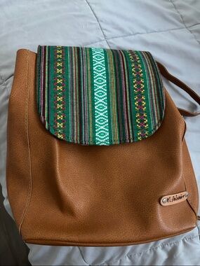 Handmade Tan faux Leather Backpack with Green Patterned Flap from El Salvador